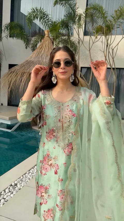 WOMENS ORGANZA SILK SALWAR SUIT WITH PRINTED DUPATTA