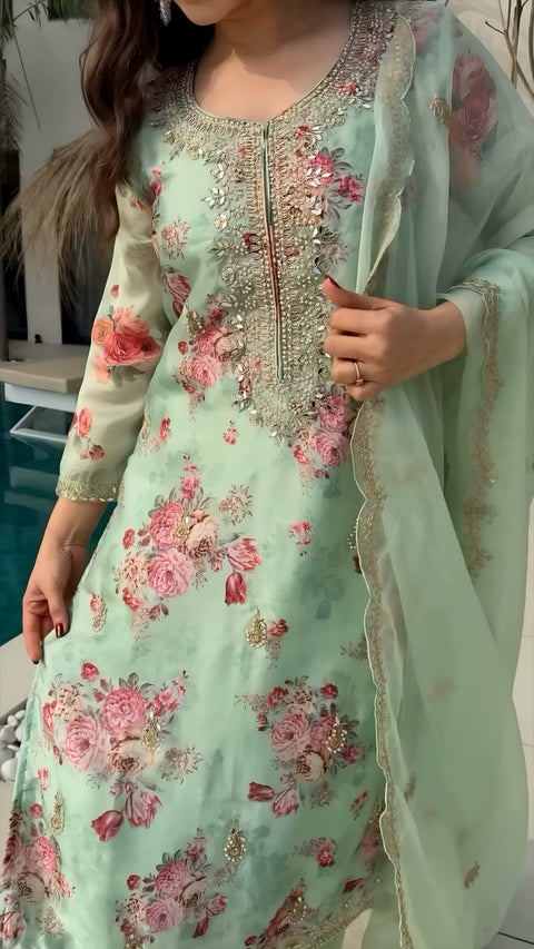 WOMENS ORGANZA SILK SALWAR SUIT WITH PRINTED DUPATTA