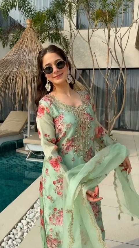WOMENS ORGANZA SILK SALWAR SUIT WITH PRINTED DUPATTA
