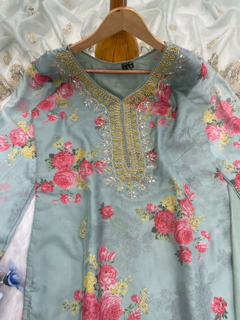 WOMENS ORGANZA SILK SALWAR SUIT WITH PRINTED DUPATTA