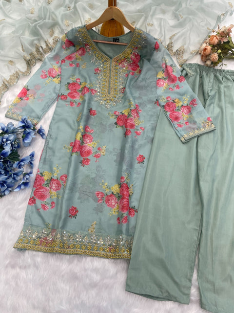 WOMENS ORGANZA SILK SALWAR SUIT WITH PRINTED DUPATTA