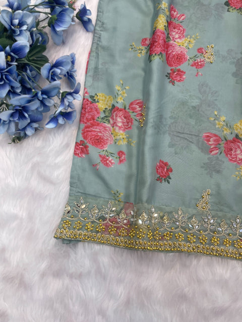 WOMENS ORGANZA SILK SALWAR SUIT WITH PRINTED DUPATTA