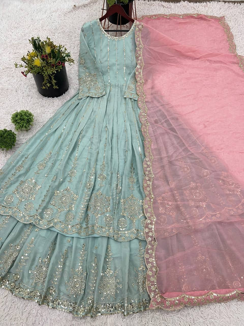 Embroidered Faux Georgette Gown with Dupatta and Heavy Sequence work