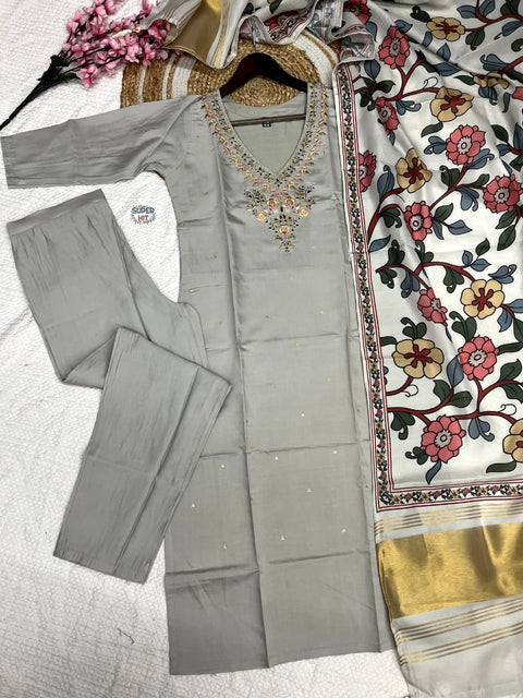 Embroidery Viscose Chanderi Kurti And Pant With Lagdi Satin dupatta