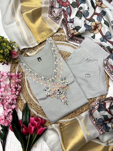 Embroidery Viscose Chanderi Kurti And Pant With Lagdi Satin dupatta