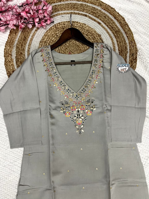 Embroidery Viscose Chanderi Kurti And Pant With Lagdi Satin dupatta