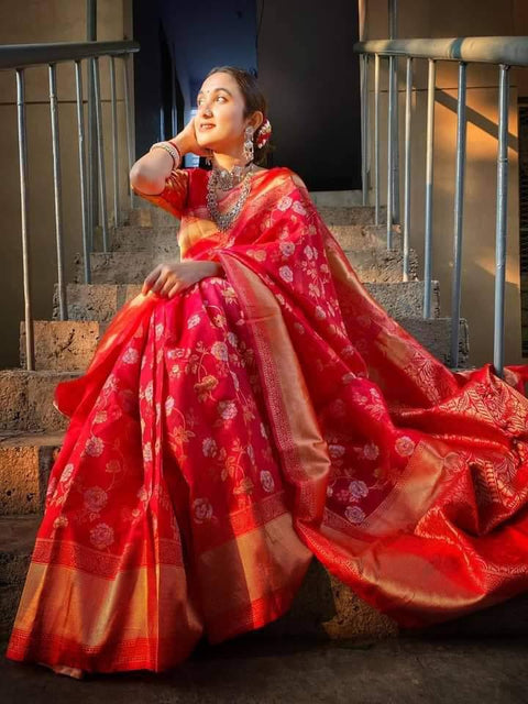 Heavy banarasi silk saree with beautiful floral design blouse