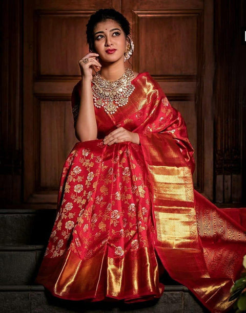 Heavy banarasi silk saree with beautiful floral design blouse