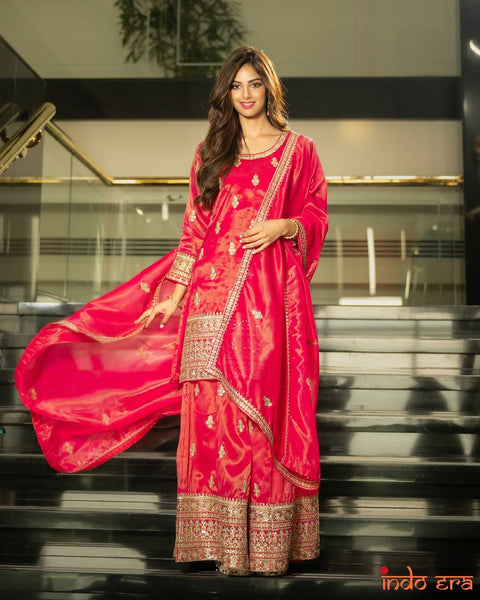 women festive and wedding wear Gold printed pink kurti sharara suit