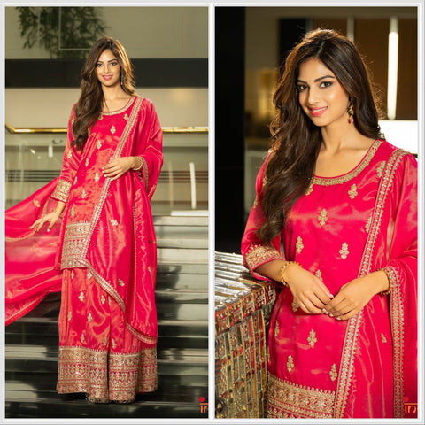 women festive and wedding wear Gold printed pink kurti sharara suit