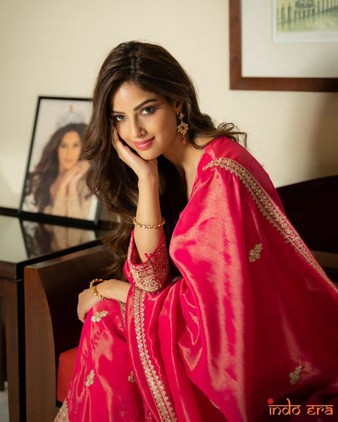 women festive and wedding wear Gold printed pink kurti sharara suit