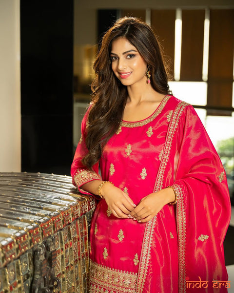 women festive and wedding wear Gold printed pink kurti sharara suit