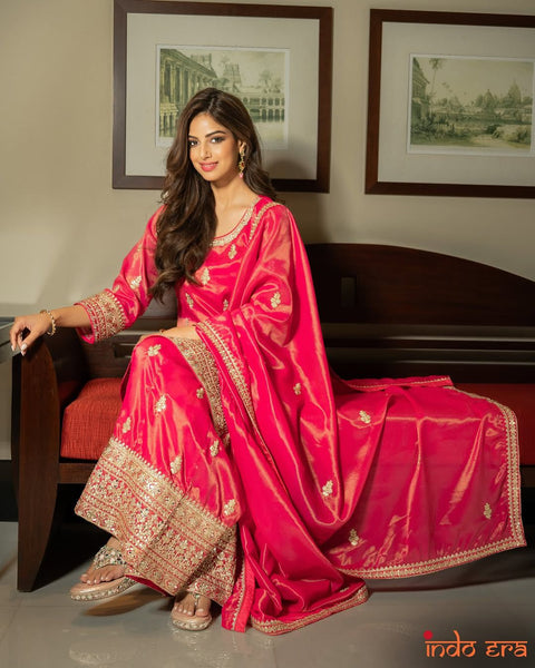 women festive and wedding wear Gold printed pink kurti sharara suit