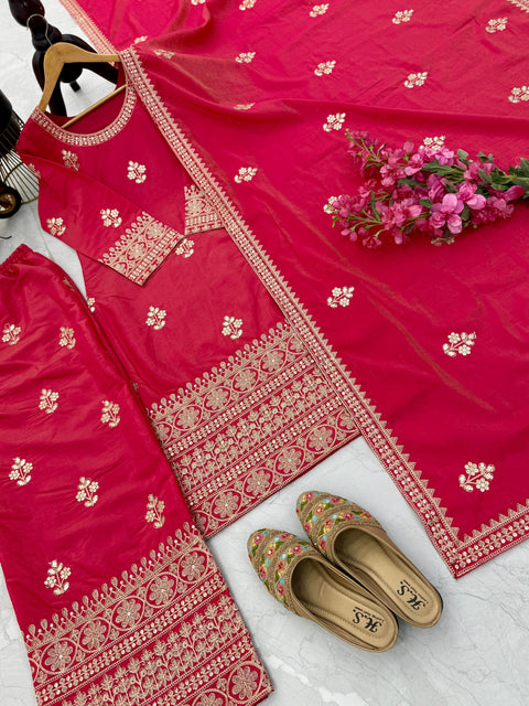 women festive and wedding wear Gold printed pink kurti sharara suit