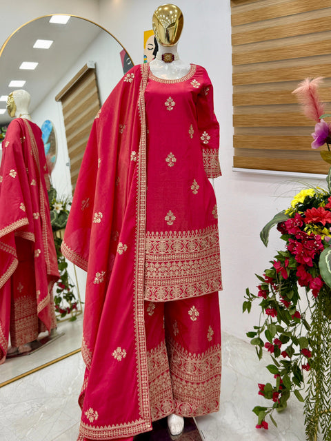 women festive and wedding wear Gold printed pink kurti sharara suit