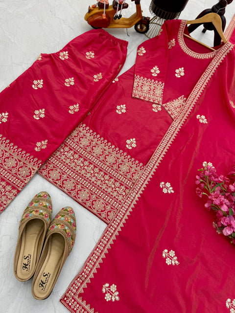 women festive and wedding wear Gold printed pink kurti sharara suit
