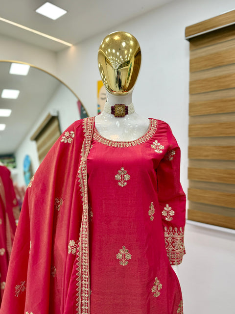women festive and wedding wear Gold printed pink kurti sharara suit