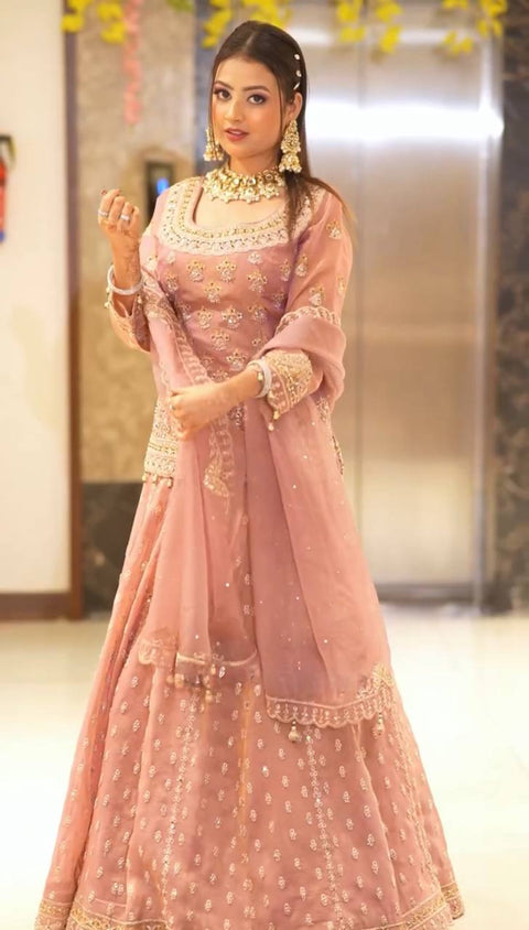 Chinon Silk Kurti Sharara Suit with Embroidered Organza
