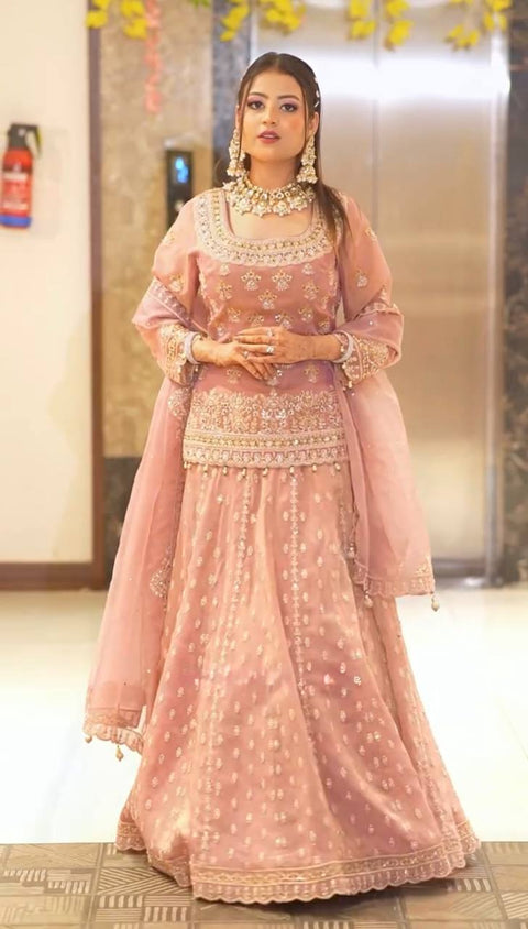 Chinon Silk Kurti Sharara Suit with Embroidered Organza