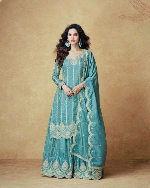 Heavy Vichitra Silk Plazo Suit with Embroidery Work