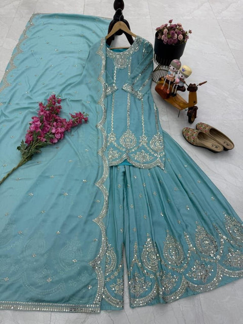 Heavy Vichitra Silk Plazo Suit with Embroidery Work