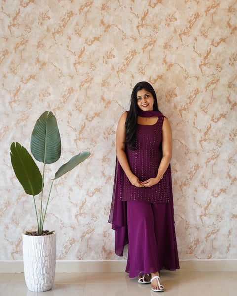 Georgette Embroidery Kurti Plazzo Suit With Dupatta,
