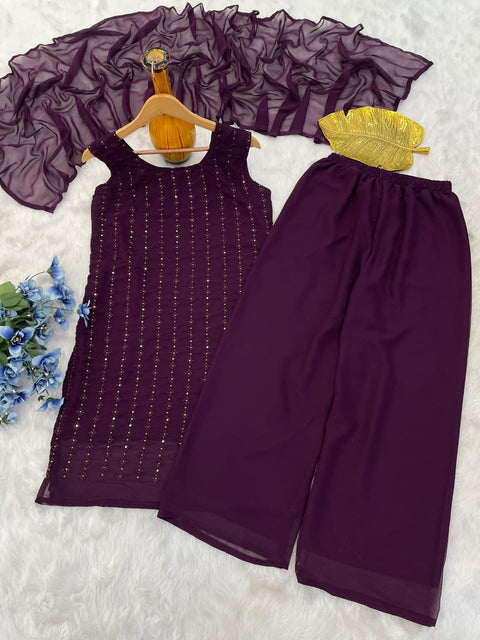 Georgette Embroidery Kurti Plazzo Suit With Dupatta,