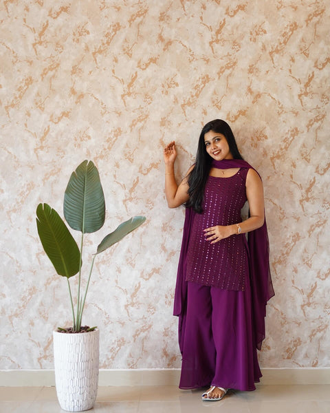 Georgette Embroidery Kurti Plazzo Suit With Dupatta,