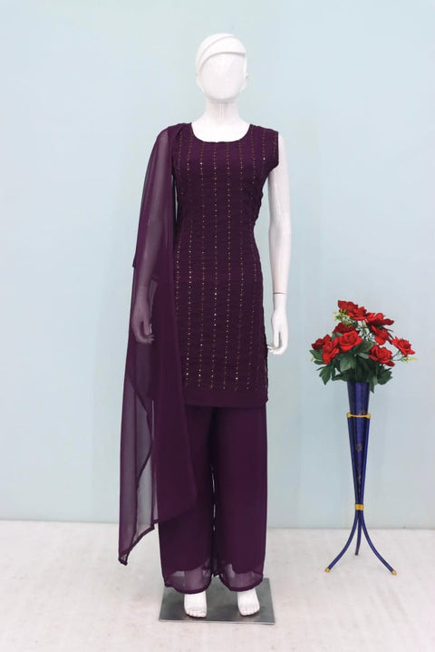 Georgette Embroidery Kurti Plazzo Suit With Dupatta,