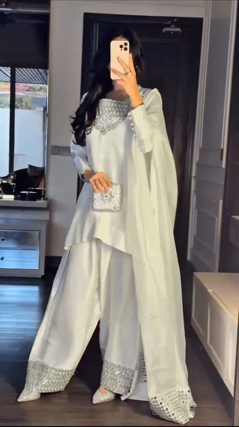Designer White Farshi Shalwar Kameez Suit Heavy Eid Edit Punjabi Patiala Suit