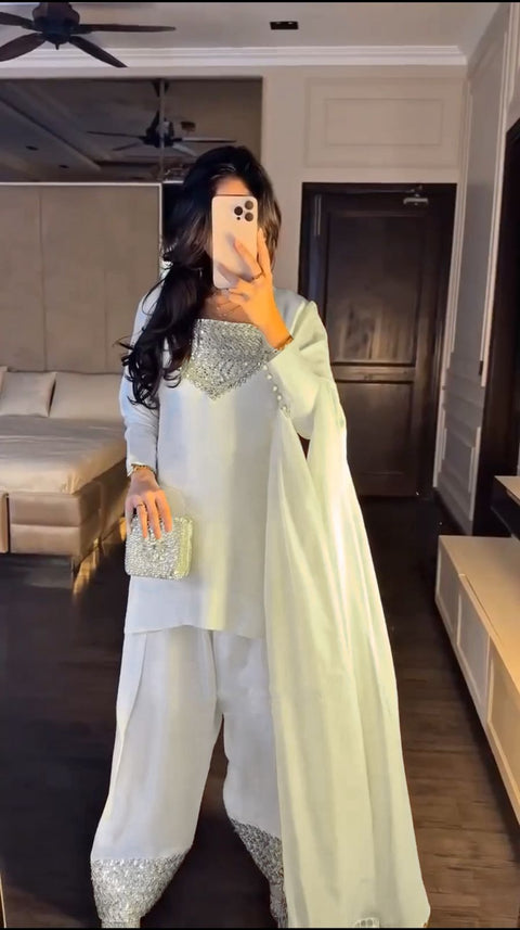Designer White Farshi Shalwar Kameez Suit Heavy Eid Edit Punjabi Patiala Suit