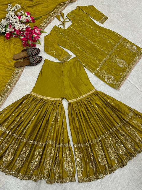 PARTY WEAR HEAVY CHINON GHARARA SUIT SET WITH EMBROIDERY WORK