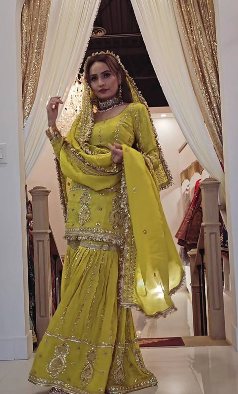 PARTY WEAR HEAVY CHINON GHARARA SUIT SET WITH EMBROIDERY WORK