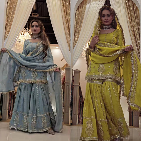 PARTY WEAR HEAVY CHINON GHARARA SUIT SET WITH EMBROIDERY WORK