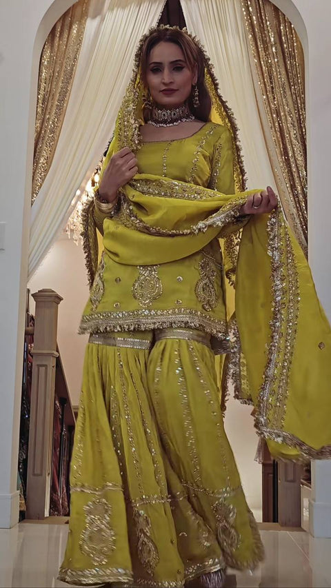 PARTY WEAR HEAVY CHINON GHARARA SUIT SET WITH EMBROIDERY WORK