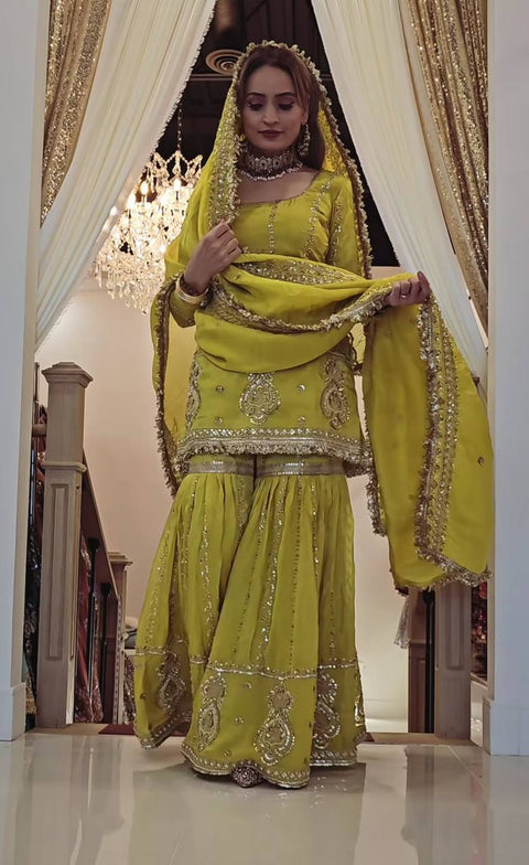 PARTY WEAR HEAVY CHINON GHARARA SUIT SET WITH EMBROIDERY WORK