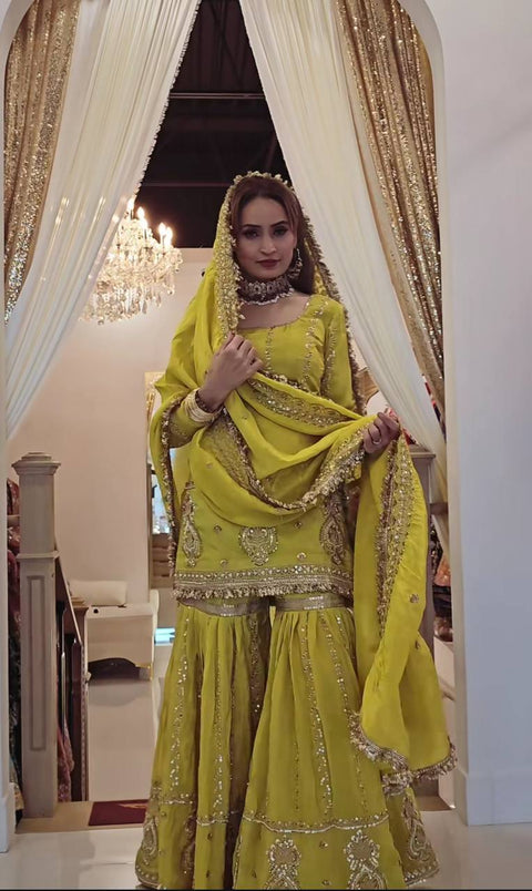PARTY WEAR HEAVY CHINON GHARARA SUIT SET WITH EMBROIDERY WORK