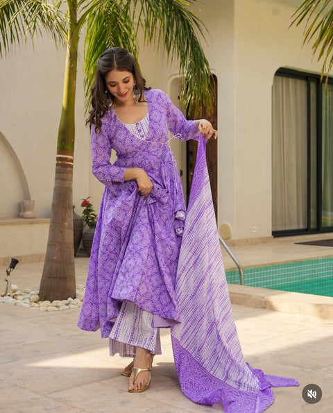 Chiffon Bandhani Printed Anarkali Gown with Dupptta