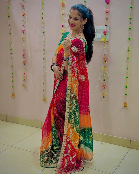 Beautiful heavy embroidery work Bandhani saree