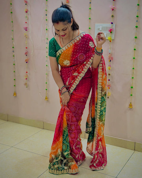 Beautiful heavy embroidery work Bandhani saree