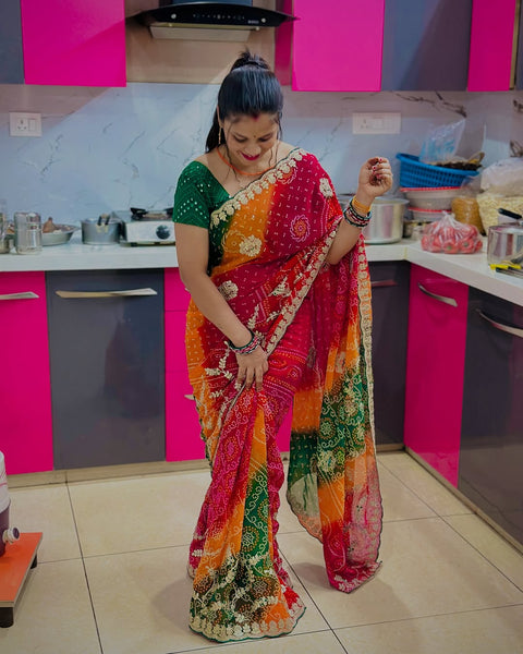 Beautiful heavy embroidery work Bandhani saree