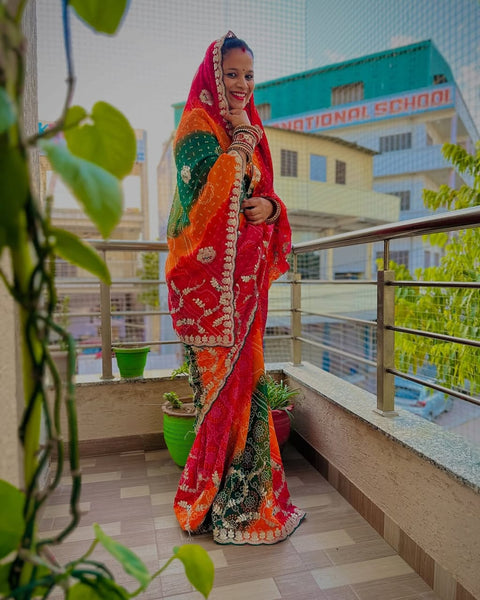 Beautiful heavy embroidery work Bandhani saree