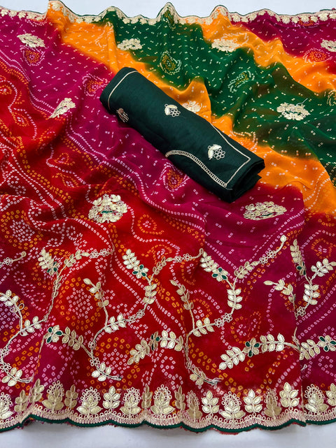 Beautiful heavy embroidery work Bandhani saree