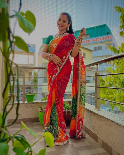 Beautiful heavy embroidery work Bandhani saree