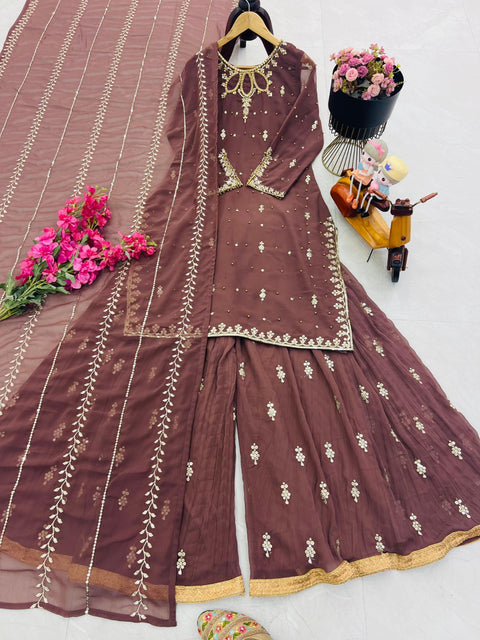 NEW DESIGNER PARTE WEAR LOOK PURE Fox Georgette TOP PALAZZO AND Dupatta