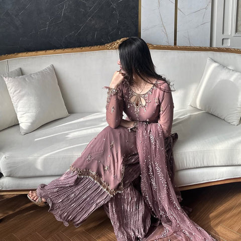 NEW DESIGNER PARTE WEAR LOOK PURE Fox Georgette TOP PALAZZO AND Dupatta