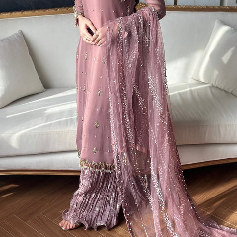 NEW DESIGNER PARTE WEAR LOOK PURE Fox Georgette TOP PALAZZO AND Dupatta