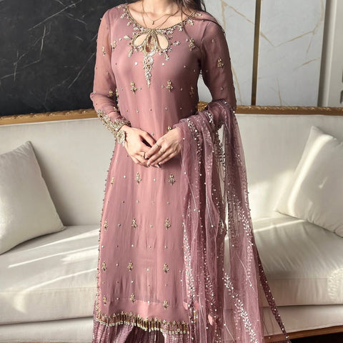 NEW DESIGNER PARTE WEAR LOOK PURE Fox Georgette TOP PALAZZO AND Dupatta