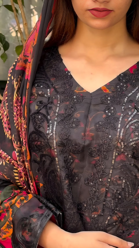 Fully Stitched Chinon Gown Pant And Dupatta With Embroidery Work