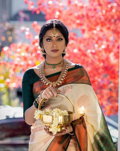 Jacqard Banarasi silk Saree Whit Blouse